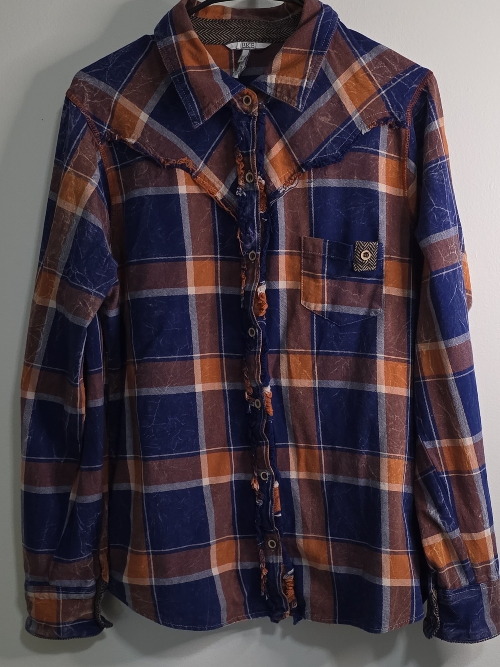 BKE Women's Plaid Western Button-Down Shirt - Blue & Brown & Orange